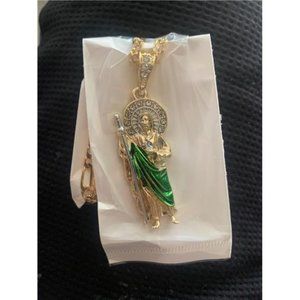 Gold Plated Green Saint Jude Pendant Necklace Figaro 24" San Judas